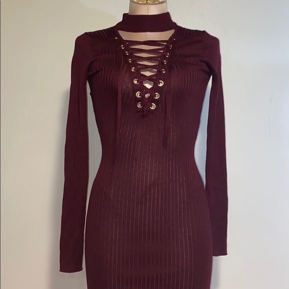 Discovery Dresses & Skirts - Maroon Long Sleeve Choker Dress